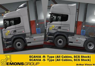 Мод Cкин пак «Emons Group / Van Huët Logistics» для прицепа и Scania R,S v1.0 для Euro Truck Simulator 2 (v1.32.x)