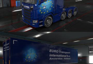Мод Скин «Euro Transport» для своего прицепа и Scania S 2016 v1.1 для Euro Truck Simulator 2 (v1.32.x)