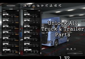 Мод Unlock All Parts Truck & Trailers версия 10.08.18 для Euro Truck Simulator 2 (v1.32.x)