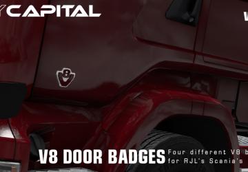 Мод V8 Door Badges for RJL Scania версия 2.1 для Euro Truck Simulator 2 (v1.35.x, 1.36.x)