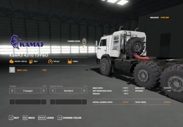 Мод КамАЗ-4310 Турбо-тягач версия 1.0.0.0 для Farming Simulator 2019 (v1.7.x)